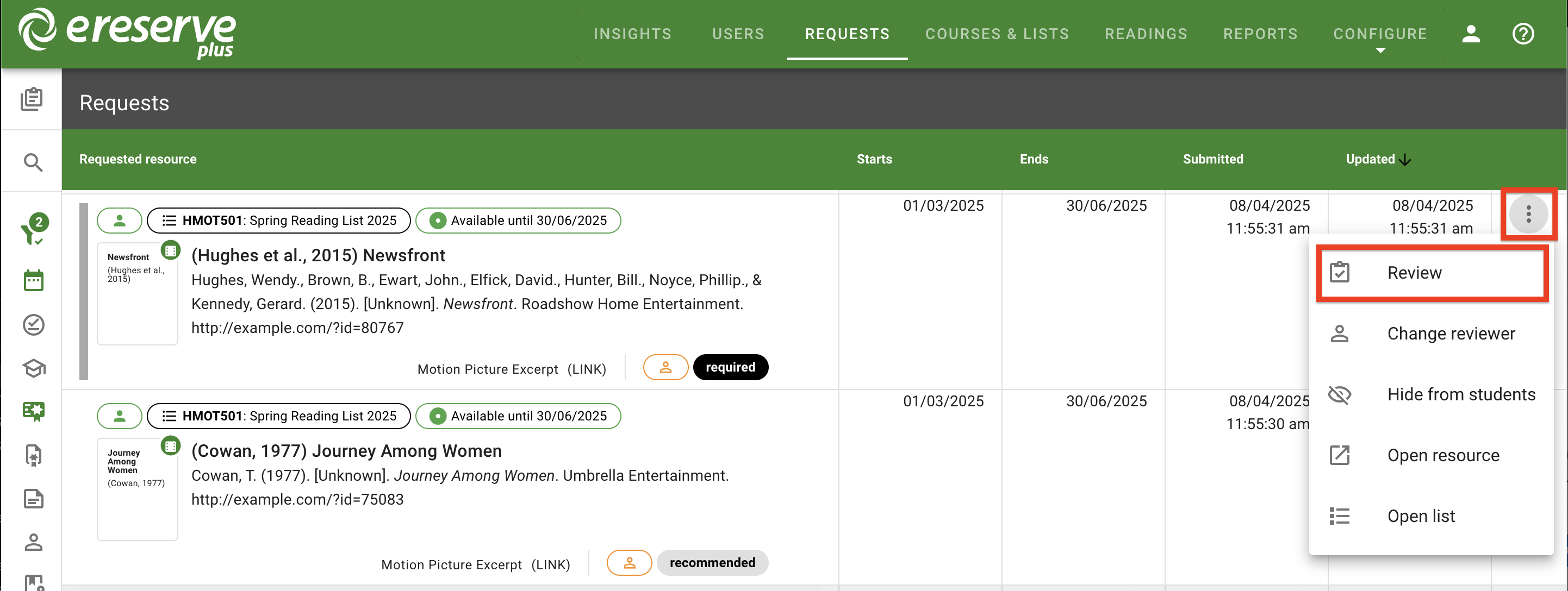 On the right side of the resource, the review option is available for a request in the open actions menu