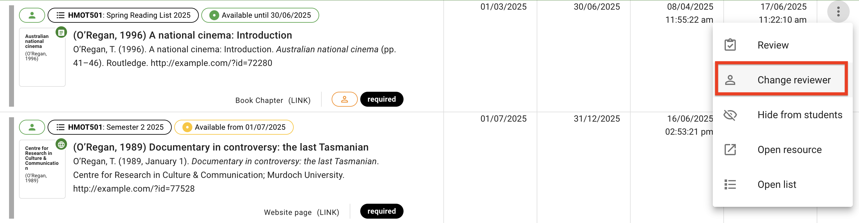 The Change Reviewer option in the opened request menu on the right-hand side