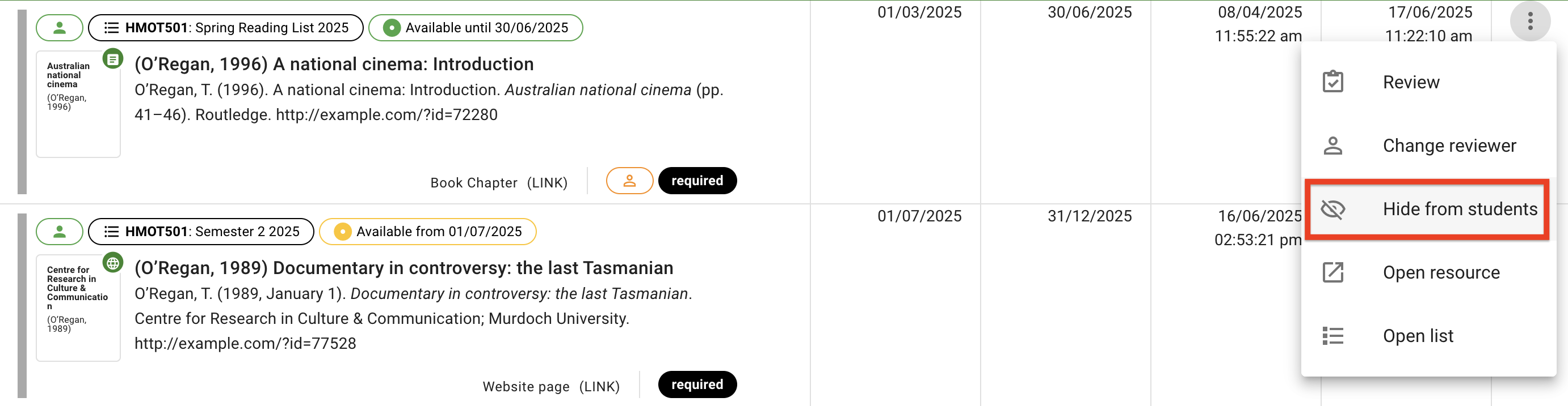 The Hide from Students option in the opened request menu on the right-hand side