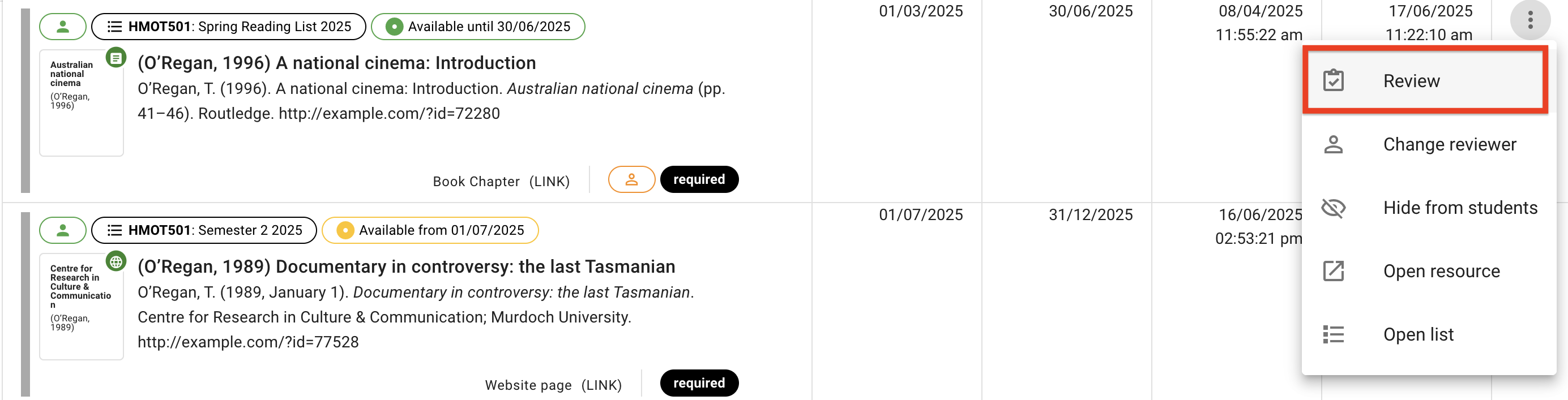 The Review option in the opened request menu on the right-hand side