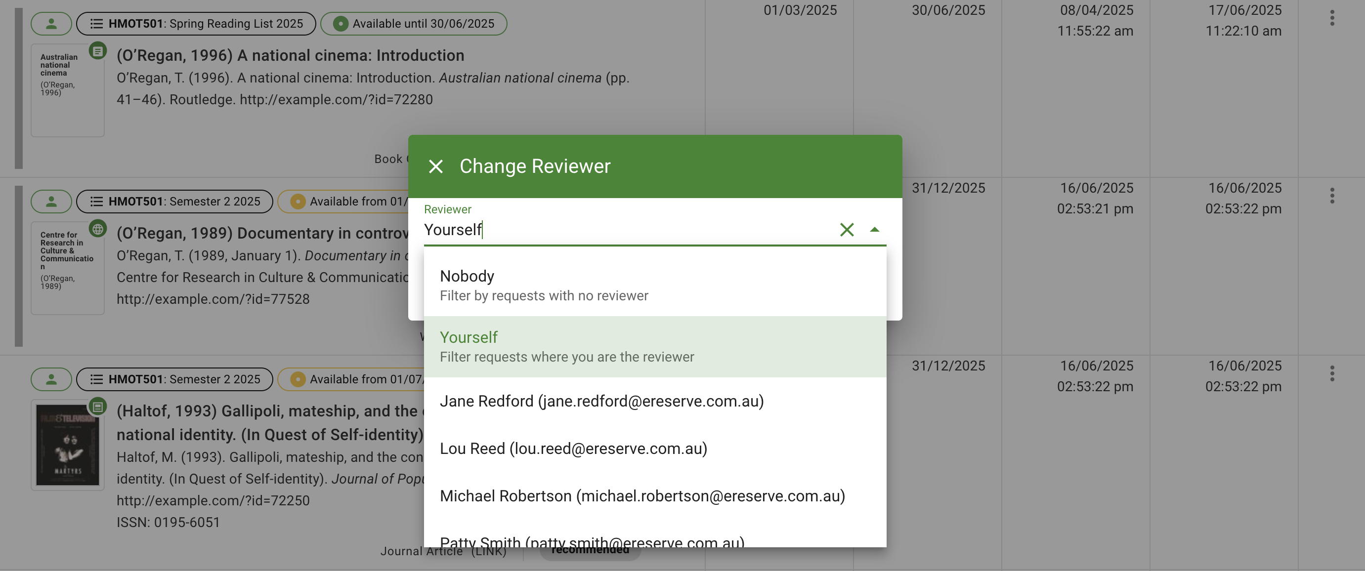 The Change Reviewer window with the reviewer list to select a new reviewer