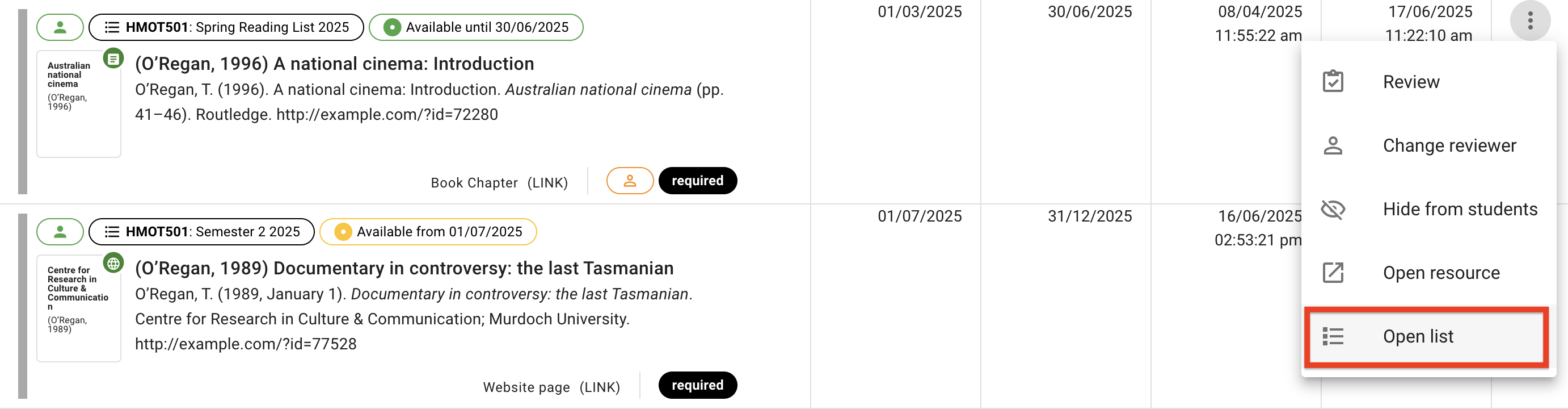 The Open List option in the opened request menu on the right-hand side