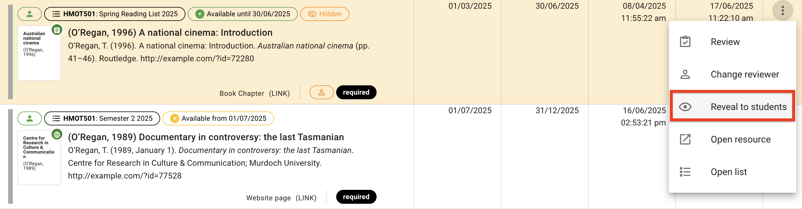 The Reveal to Students option in the opened request menu on the right-hand side