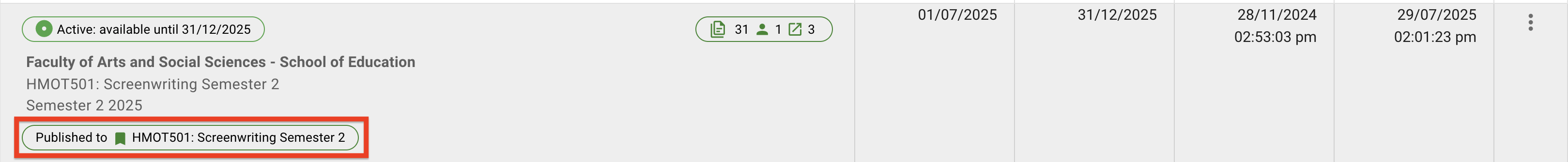 The publishing status label for a published list, below the list details