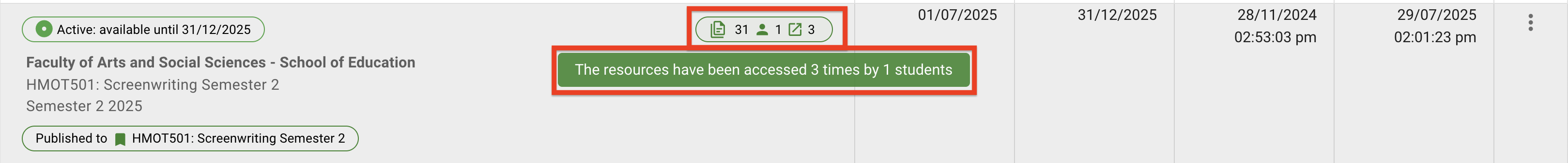 The analytics label for an active list with resources that students have accessed, located to the right of the list details