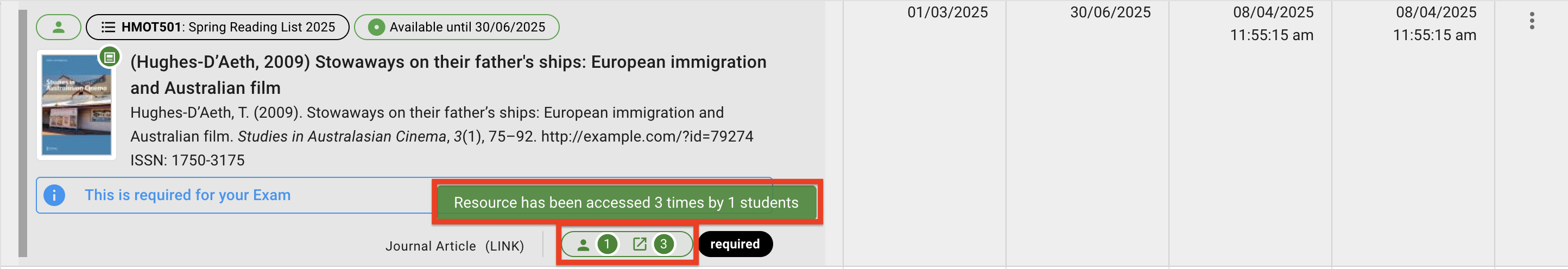 The analytics for an opened resource, located on the bottom right of the request, 