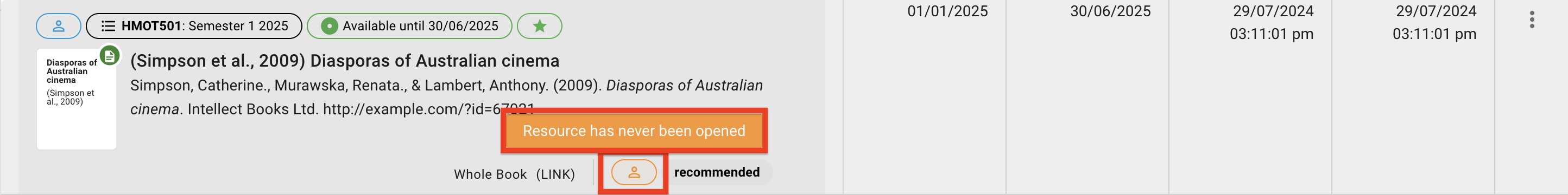The analytics for an unopened resource on the bottom right of the request