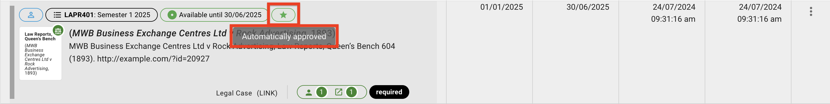 The automatic approval star label and help text, which reads "automatically approved", is located above the resource citation