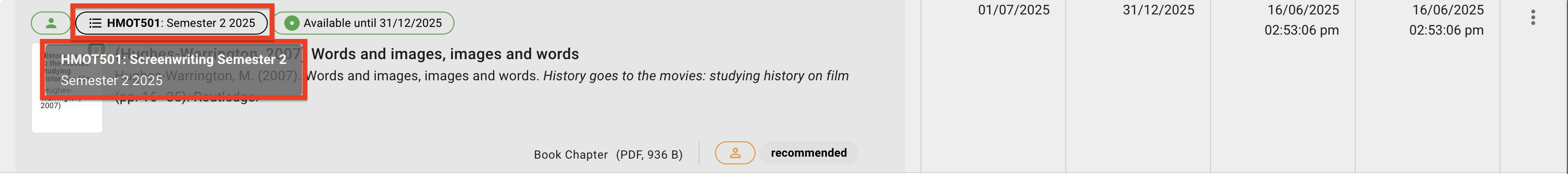 At the top of a request, the course and list label displays the course code and list name. The pop-up text displays the course code, course name and list name