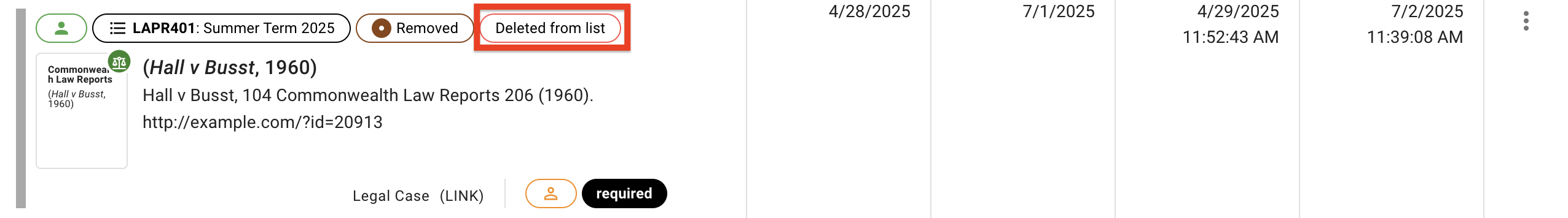 The deleted from list label on a request