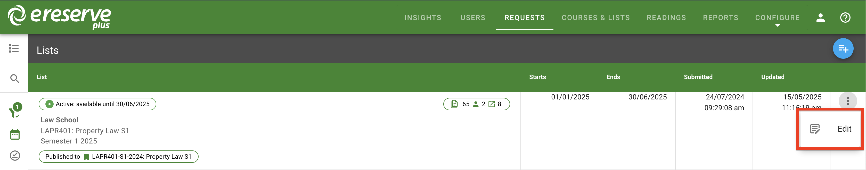 The Edit List option in the List action menu in list view