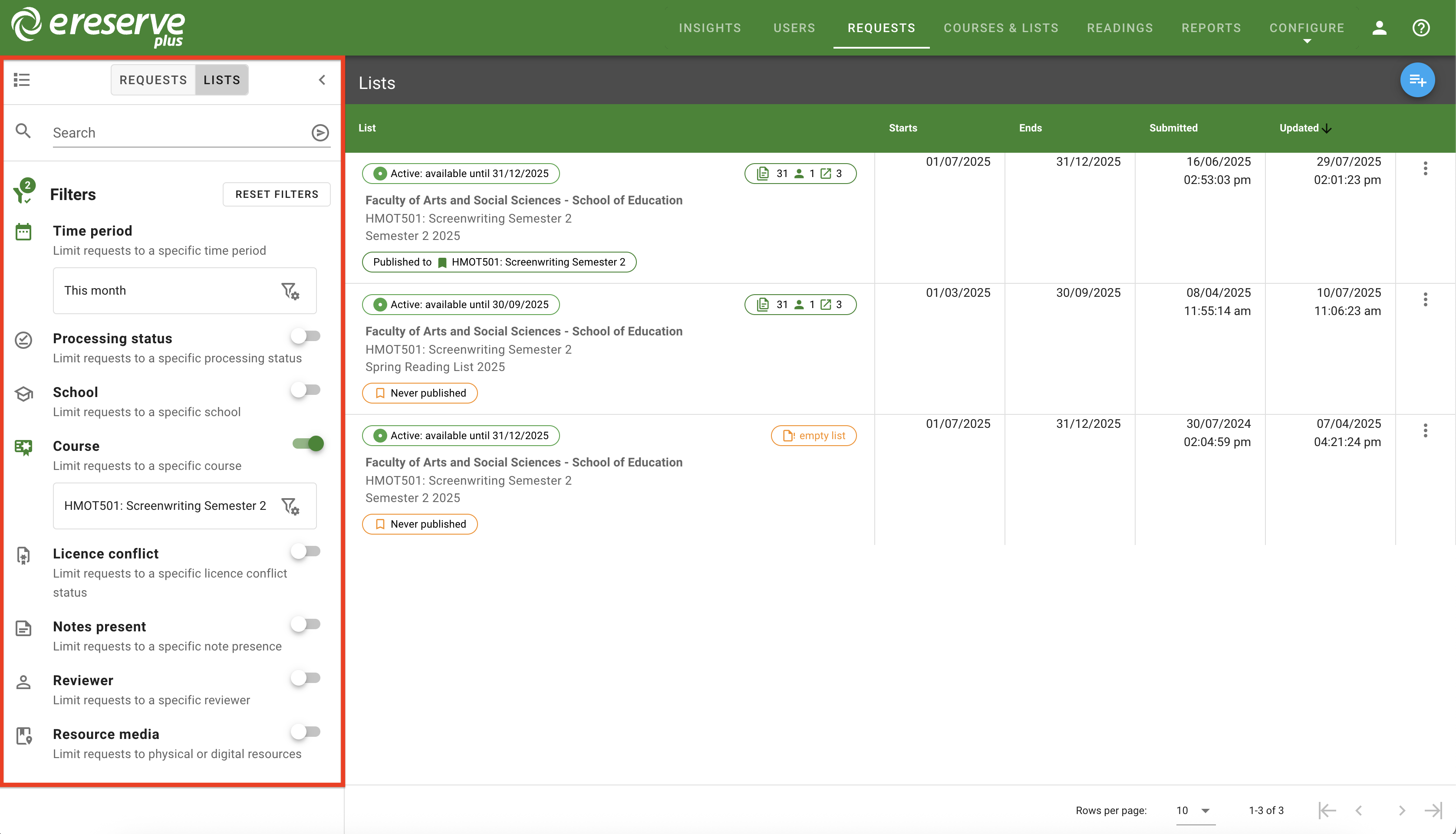 Only the lists that contain the filtered requests are displayed, which matches the selected timeframe and course
