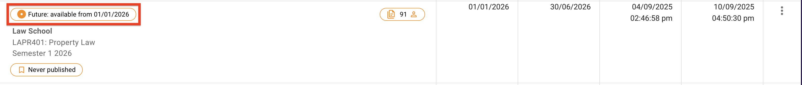 The availability date label for a pending future list, above the list details