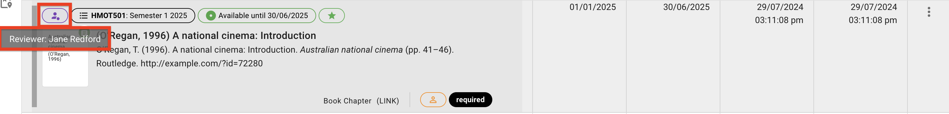 The reviewer icon is purple and the help bubble text displays the name of the reviewer"