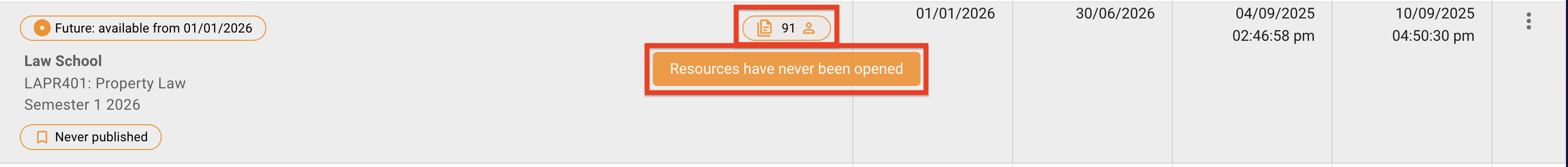 The analytics label for a future list with resources and no student access, located to the right of the list details