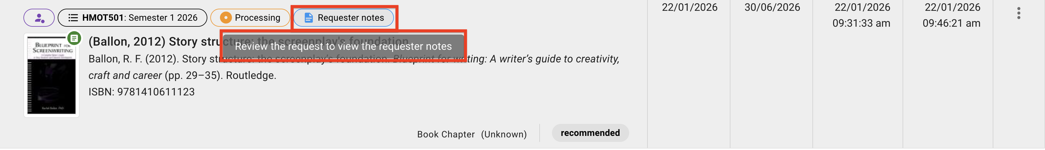 The requestor notes label, located above the resource citation