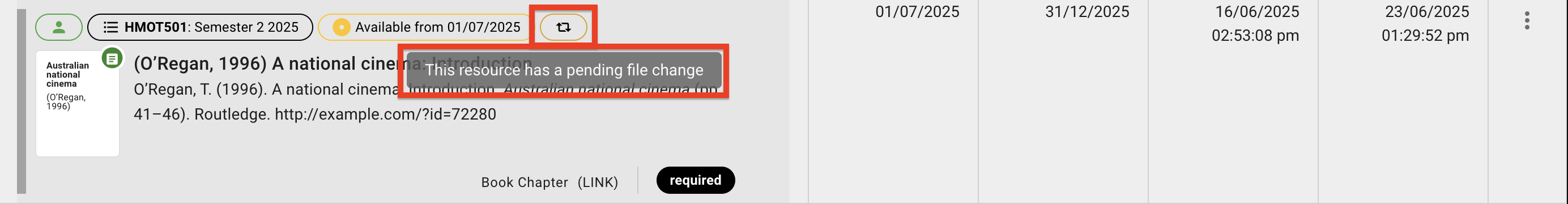 The resource kind change label, located above the resource citation 