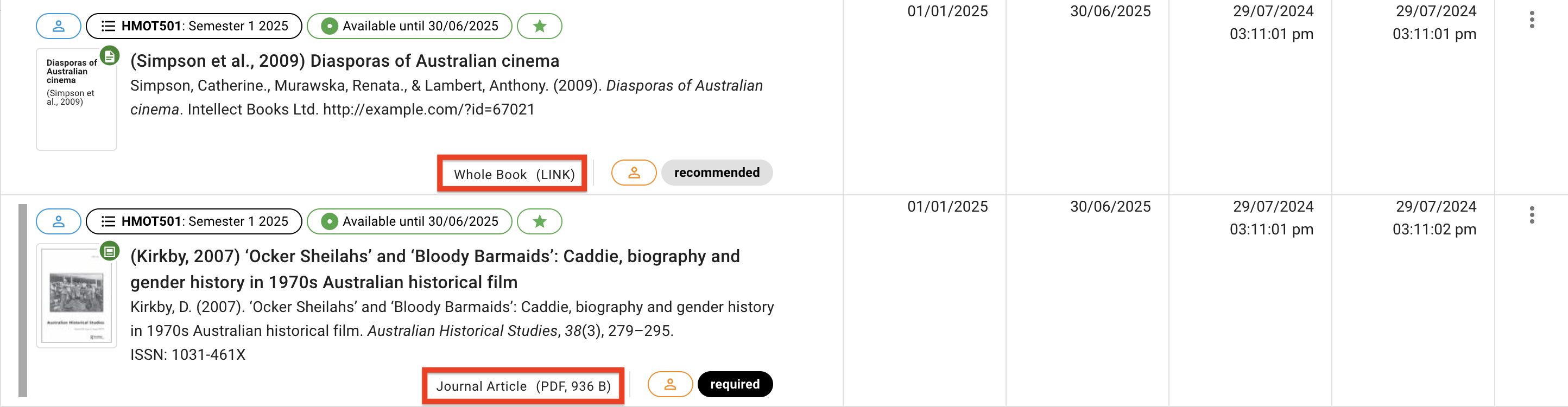 The resource genre and type label displays on the bottom right of two requests. The 1st resource is a whole book with a link and the 2nd resource is a journal article with a PDF file that is 936 B. 