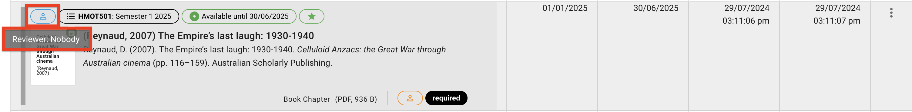 The reviewer icon is blue and the help  bubble text reads "Reviewer: Nobody"