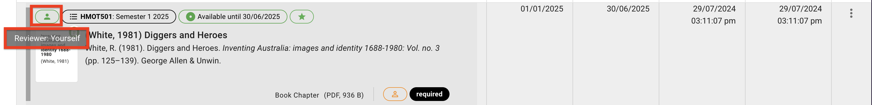 The reviewer icon is green and the help bubble text reads "Reviewer: Yourself"