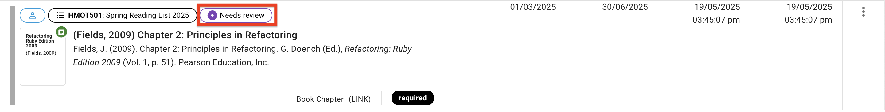 The Needs Review status label at the top of a request