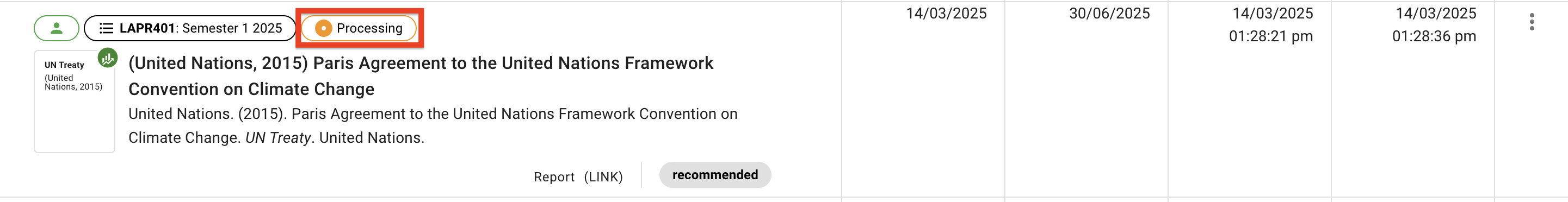 The Processing status label at the top of a request