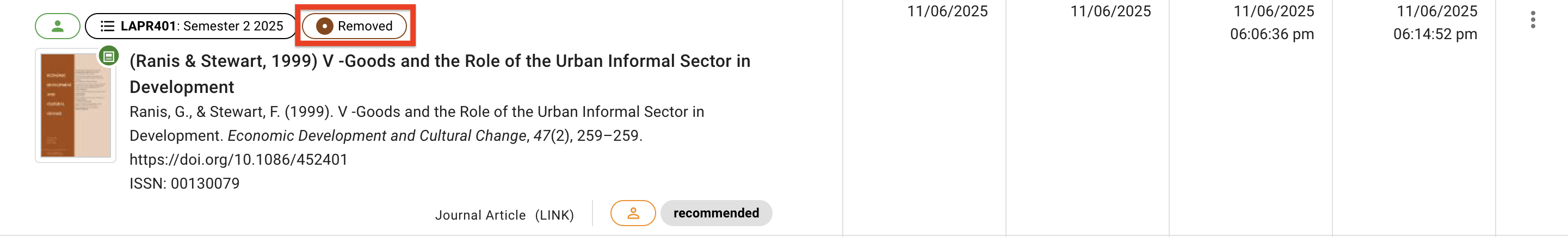 The Removed status label at the top of a request