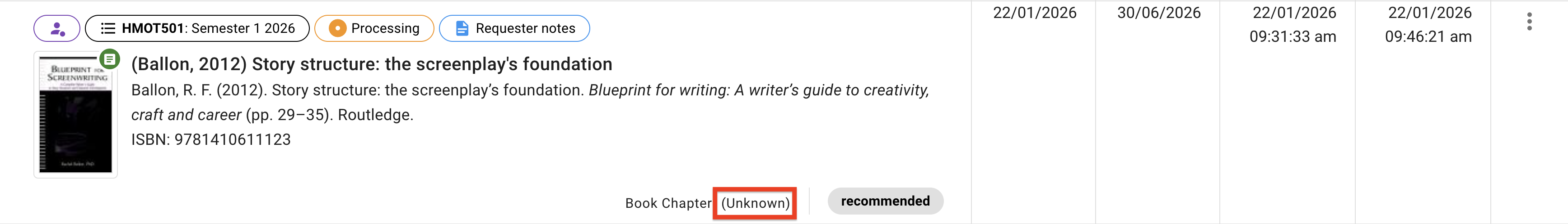 The resource genre is a Book Chapter but the resource kind is unknown