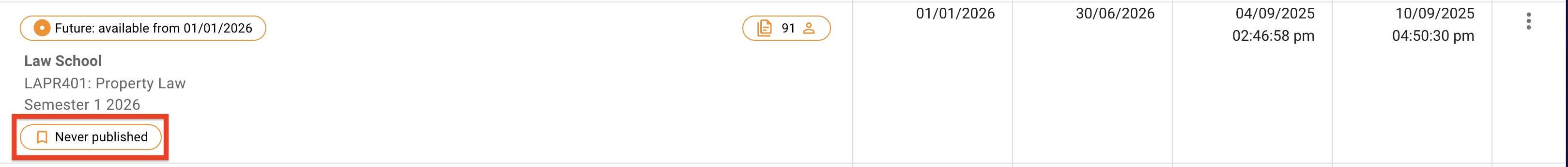 The publishing status label for an unpublished list, below the list details