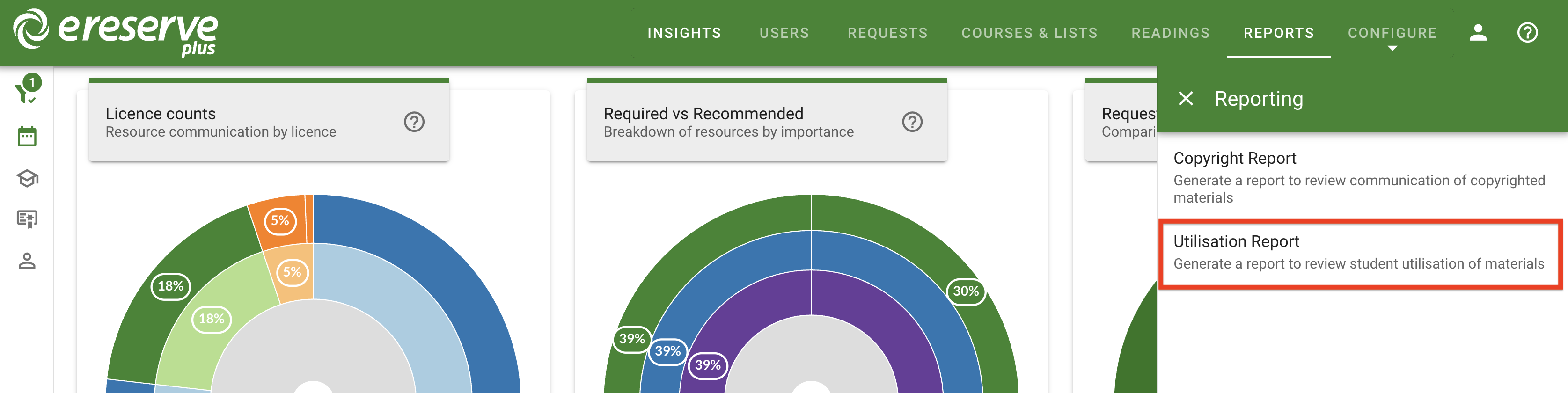 The Utilisation Report option in the Reporting drawer