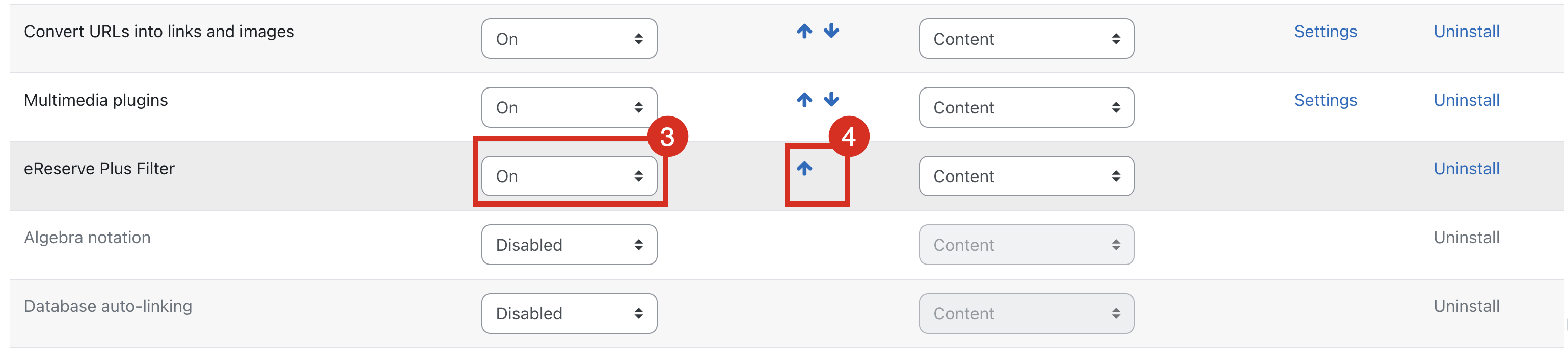 The eReserve Plus Filter is set to On and at the bottom of active plugins