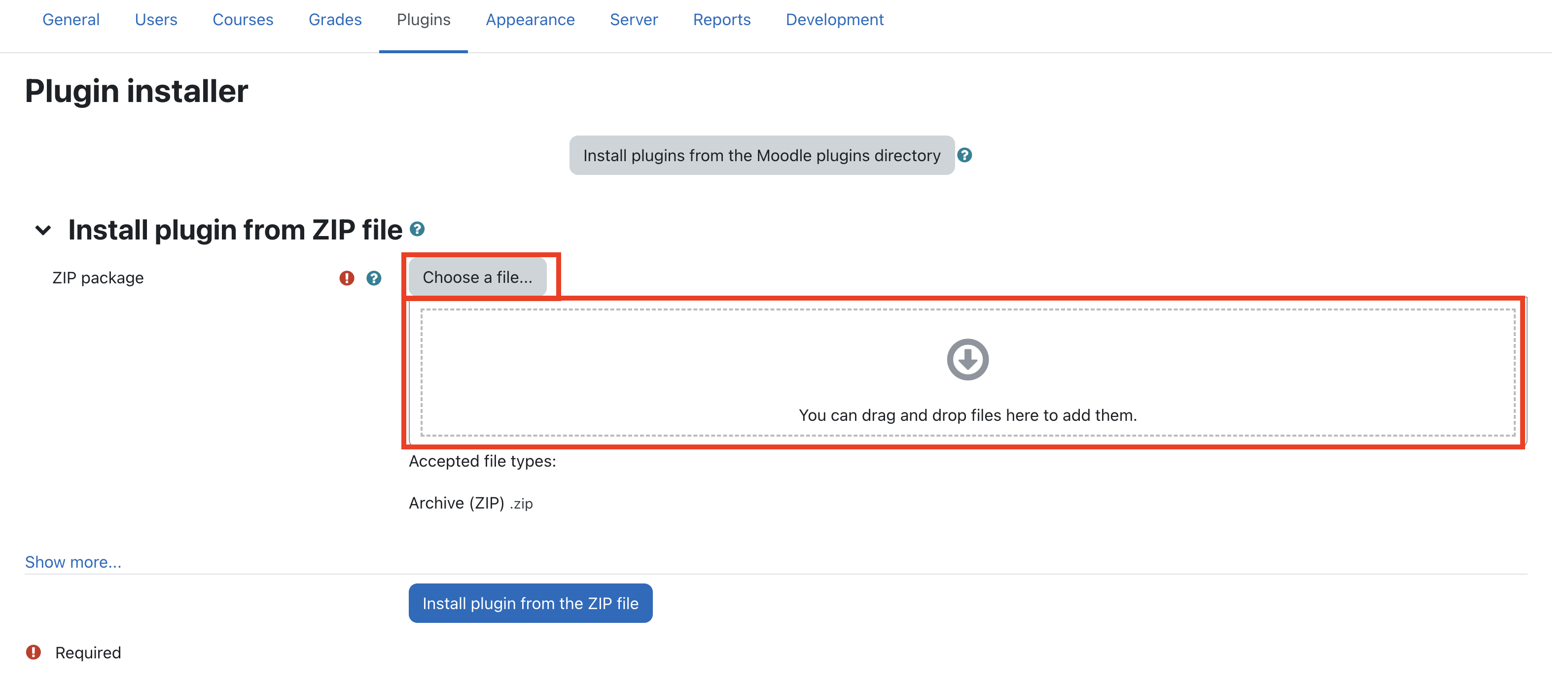 The plugin installer page for selecting or adding the plugin zip files