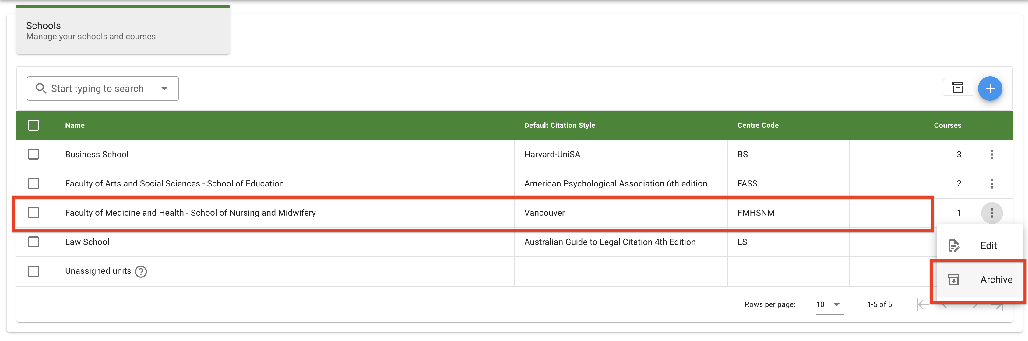 The Archive option in the action menu for an individual school