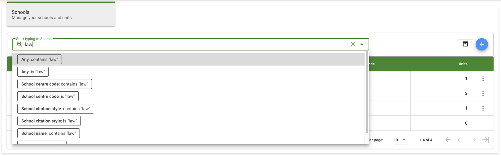 The Search in Schools Management Page