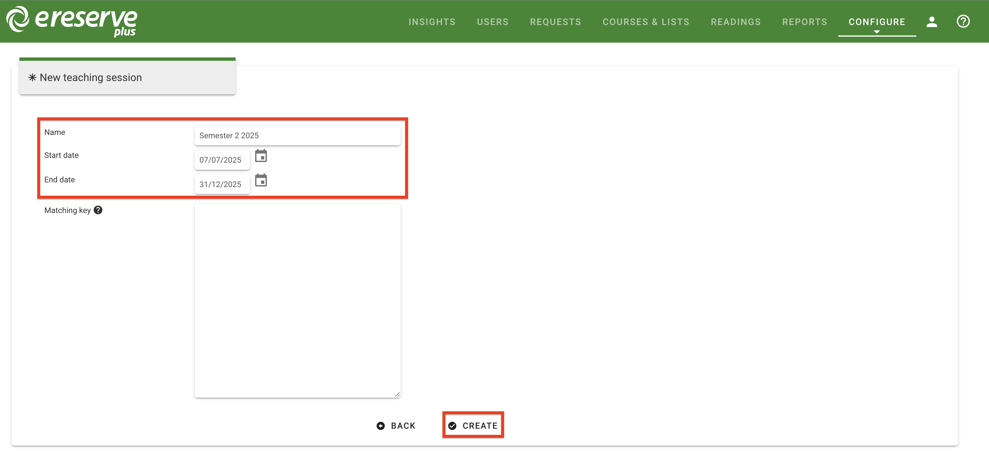 The New Teaching Session creation form