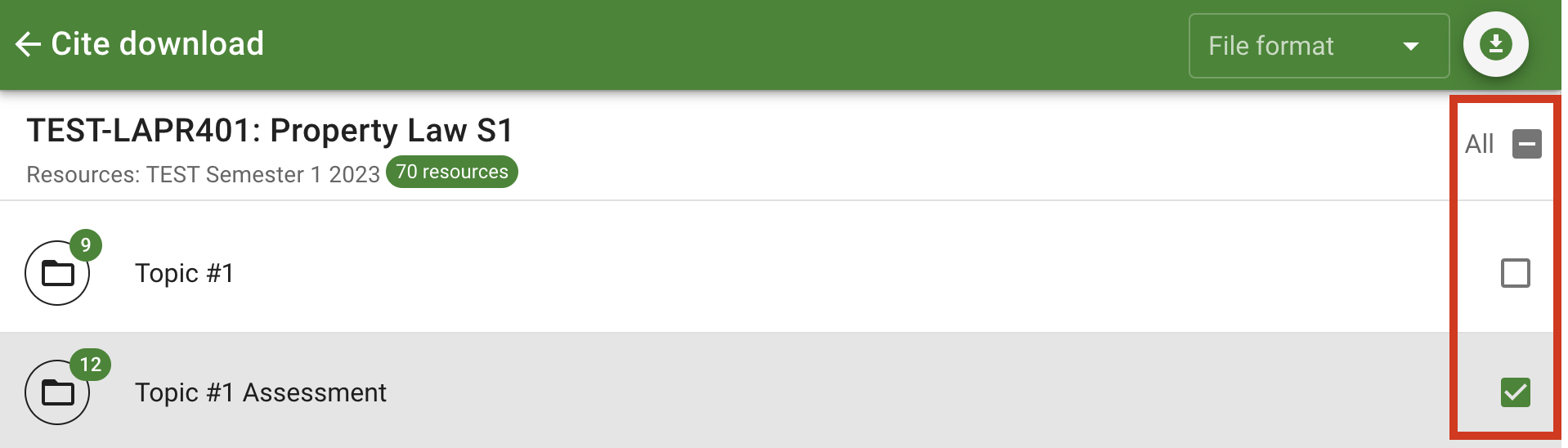 The selection checkboxes on the right of each group and resource