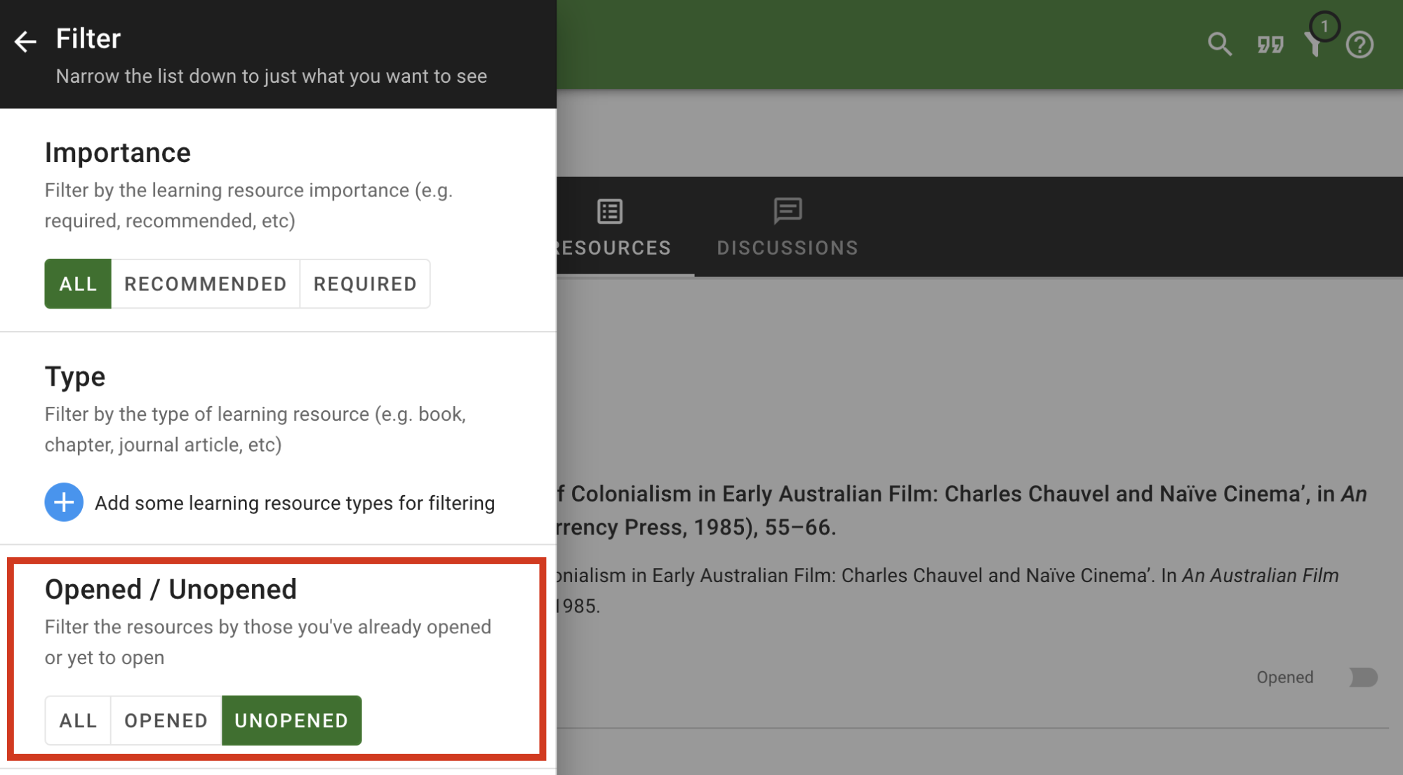 Filter by Opened or Unopened resource 