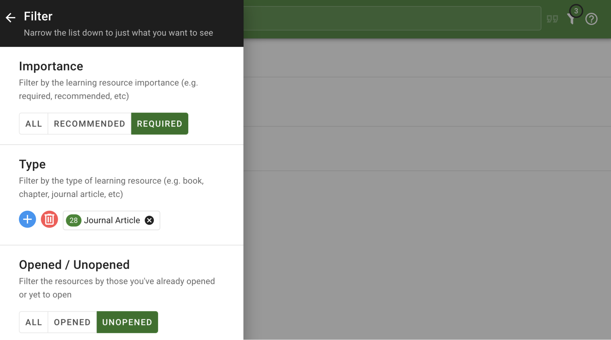 Filters selected to apply to the search