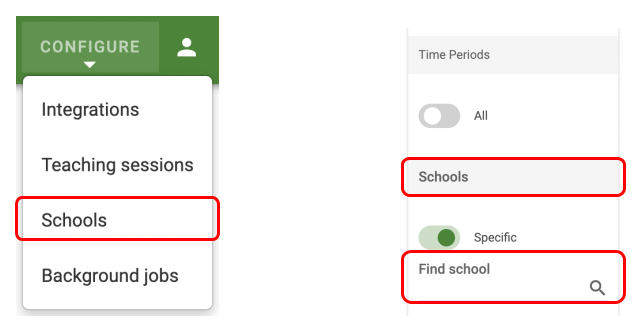 The term Schools as seen in the Configure menu and Requests Filter