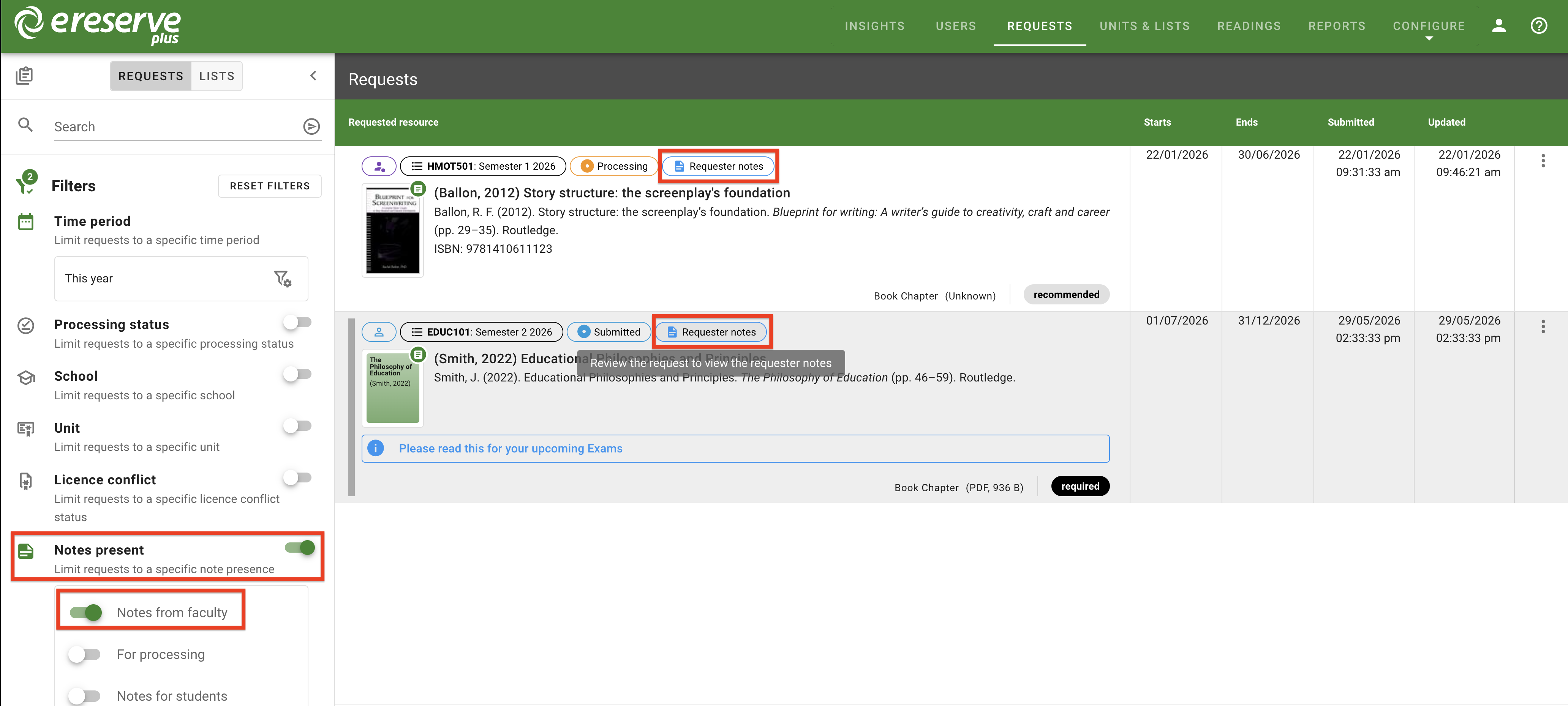 Using Filters to narrow down request to only requests with a note from faculty