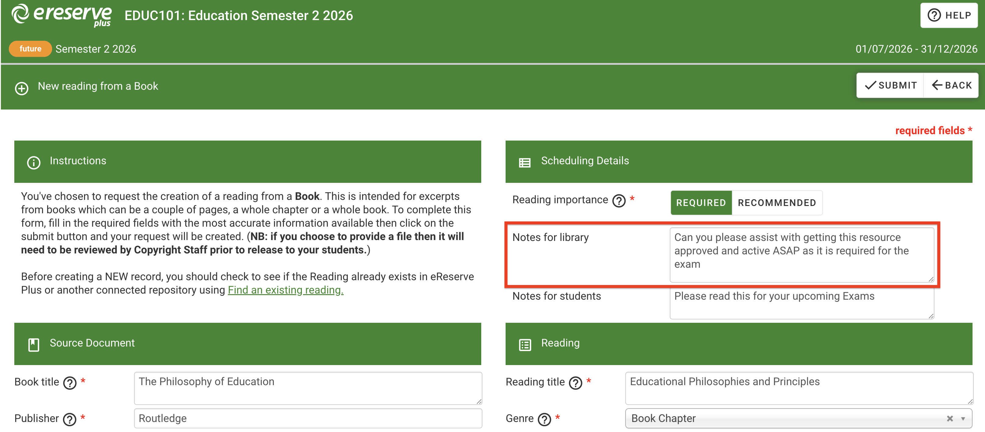 Adding a Note for Library as faculty