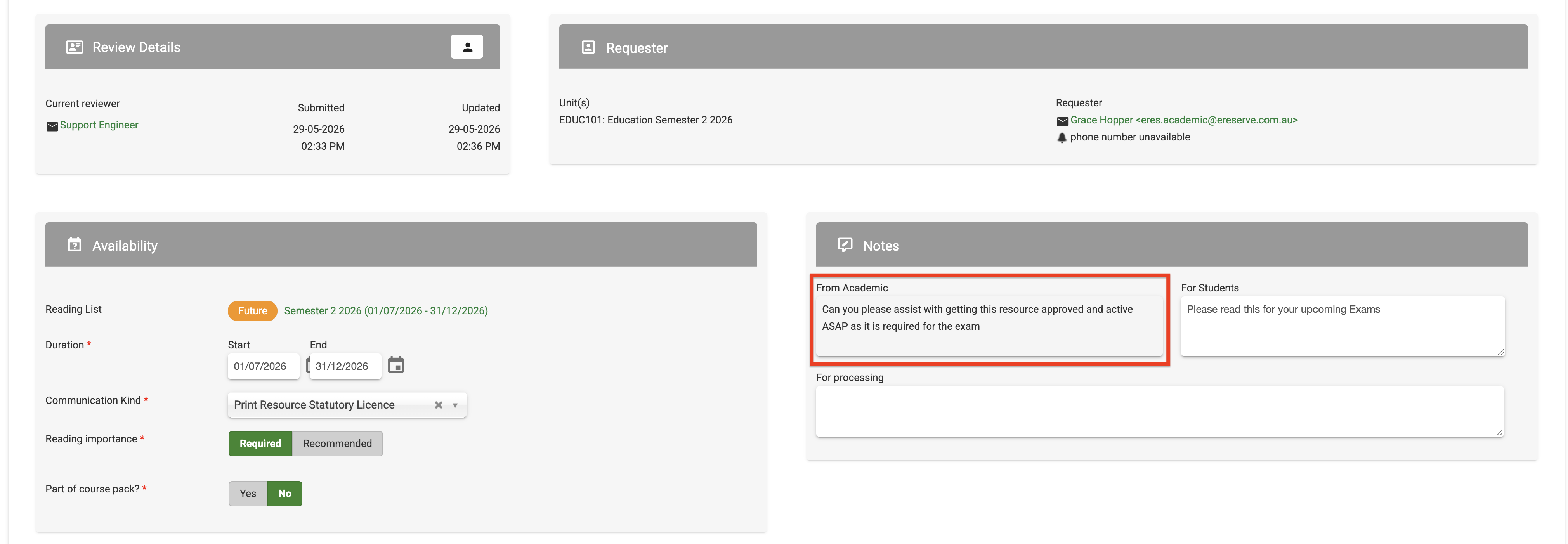 Reviewing a request with a note from faculty