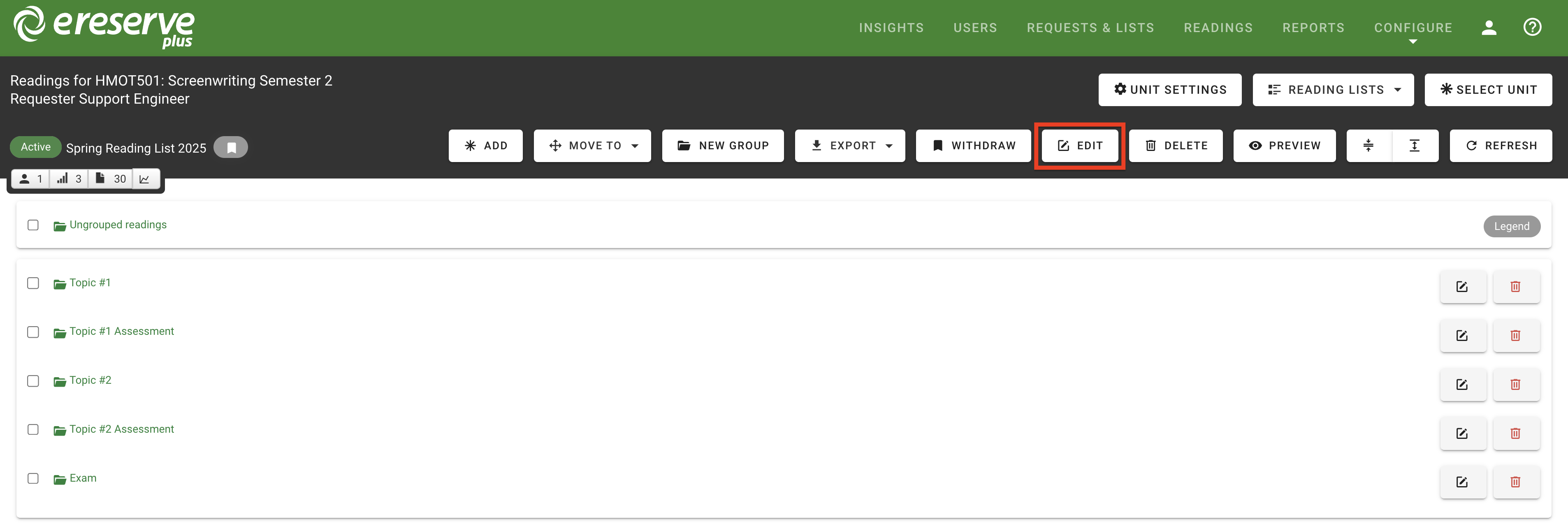 The Edit button in the list toolbar in the Library view