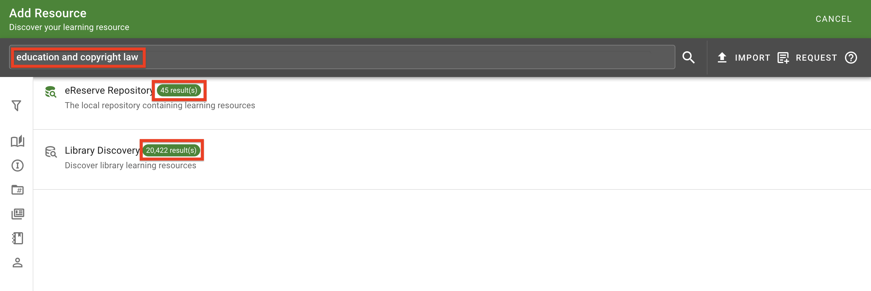 The enhanced discovery search, which has a search currently applied and is displaying the number of results for the eReserve Plus repository and the Library discovery