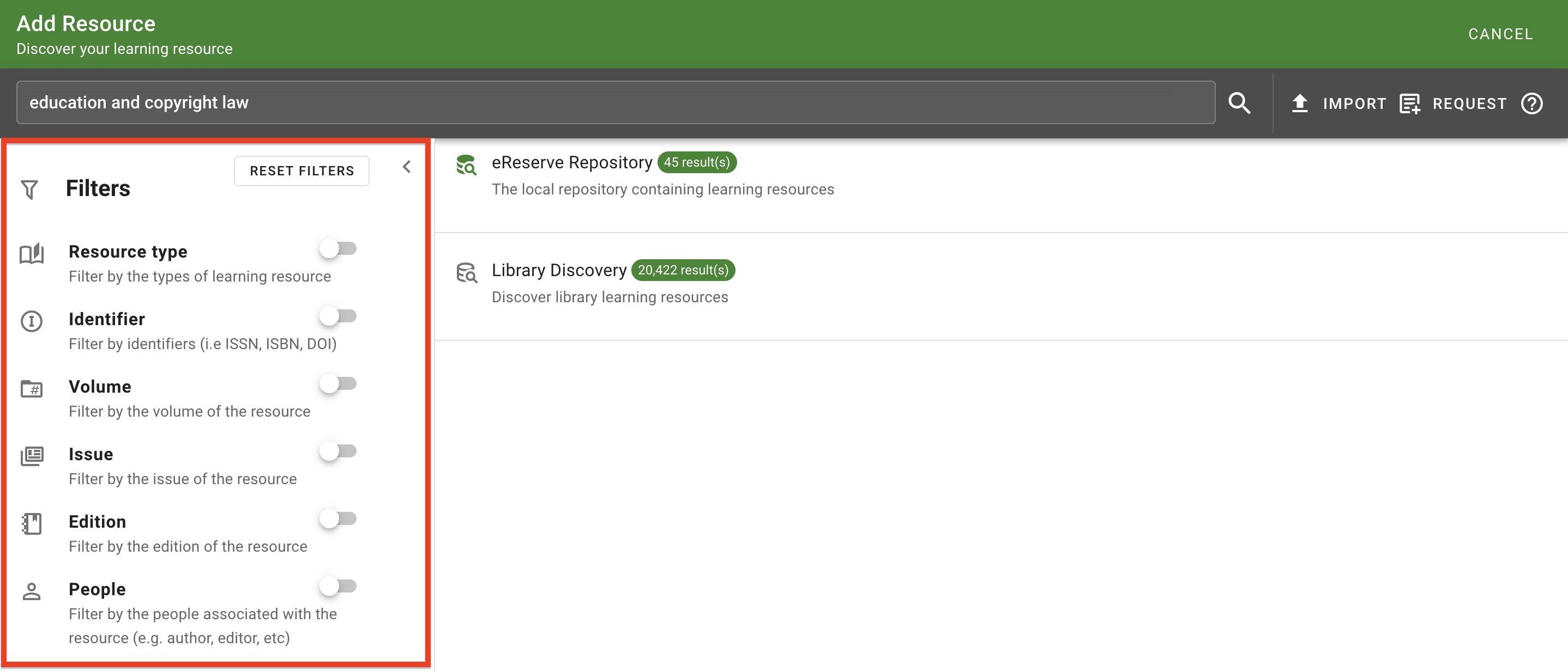 The Enhanced Discovery Filters panel