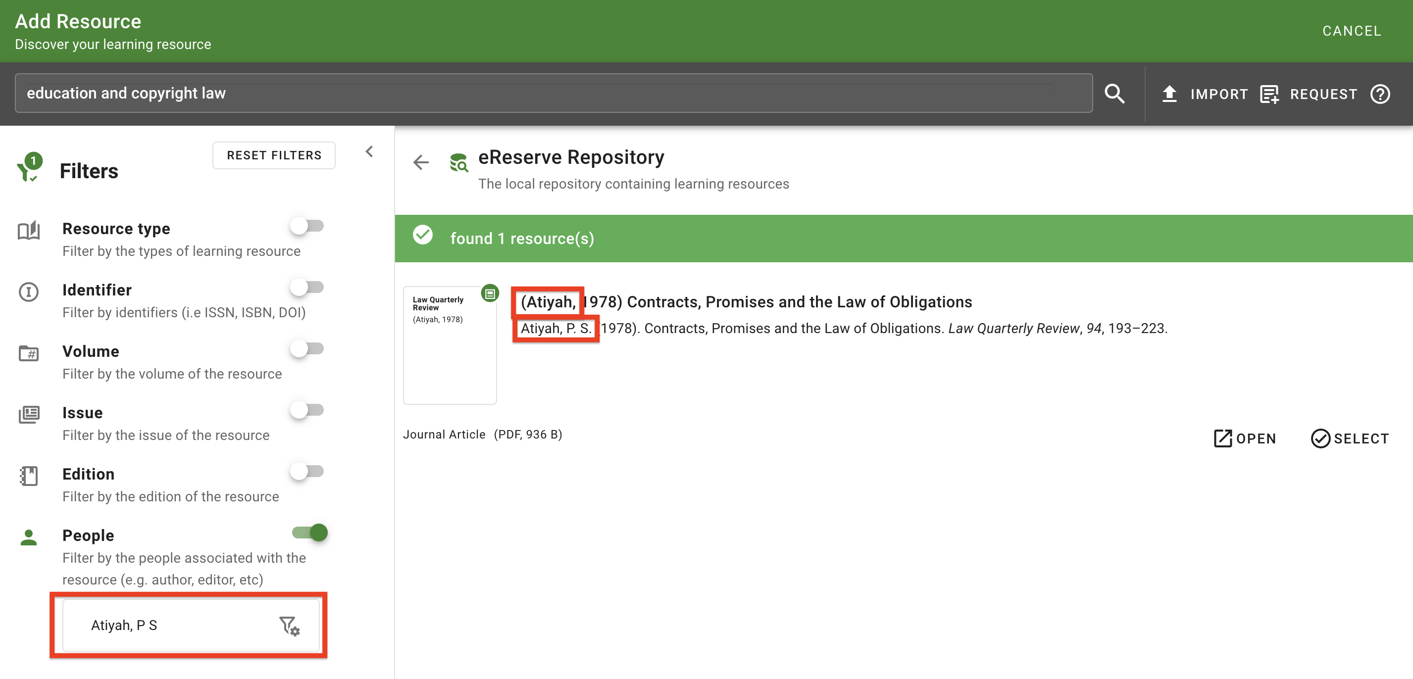 By using the people filter, the searched results have been reduced down to 1 matched resource