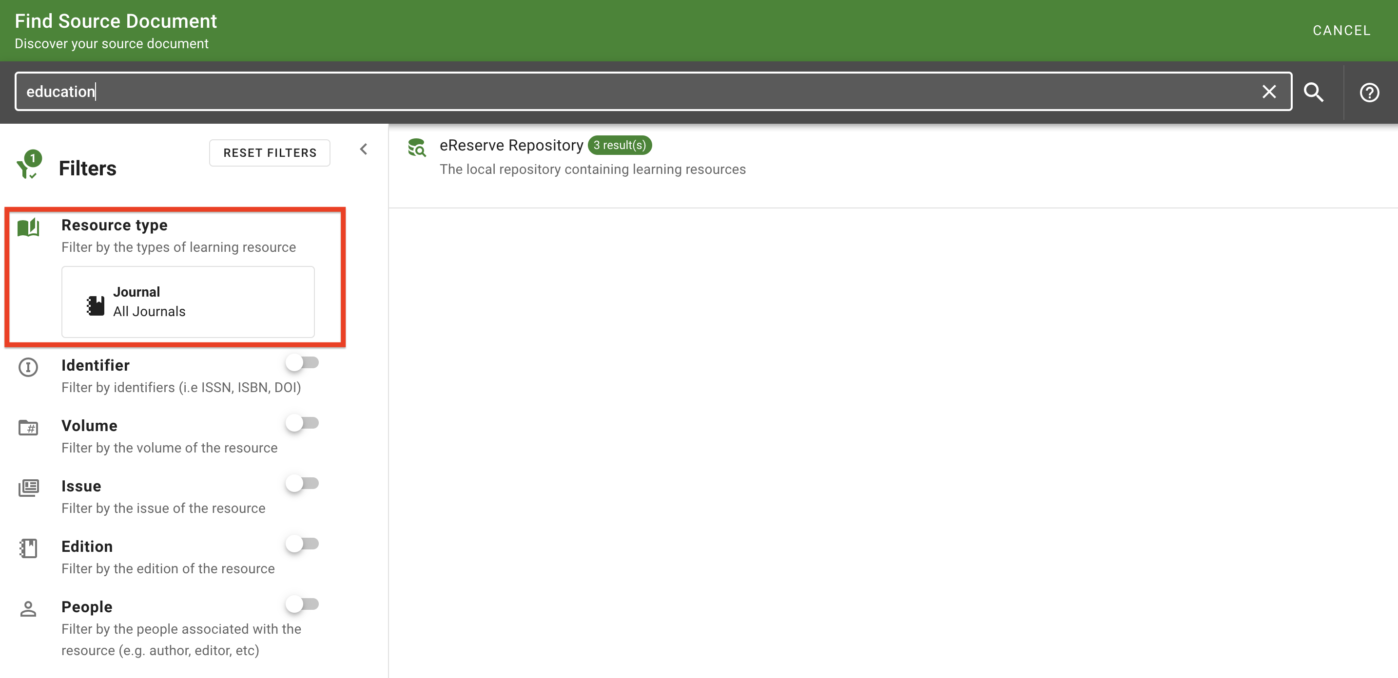Searching for Journal Source documents in the eReserve Repository