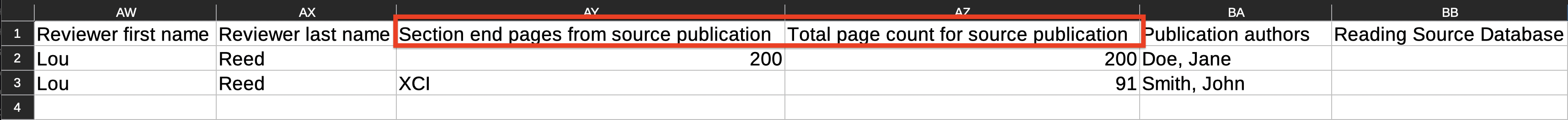 The two new columns, Section end pages from source publication and Total page count for source publication, are shown as additional columns in the audit report csv