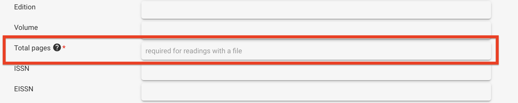 The total pages field has an asterisk to indicate it is a mandatory field in the library book creation form