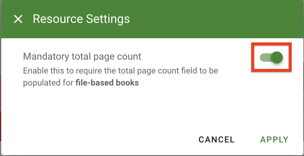 The mandatory total page count toggle has been enabled in the Resource Settings menu